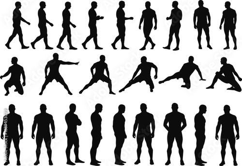 Male silhouette vector set, man in action poses, standing, walking, sitting, black human figure illustrations, full body male design