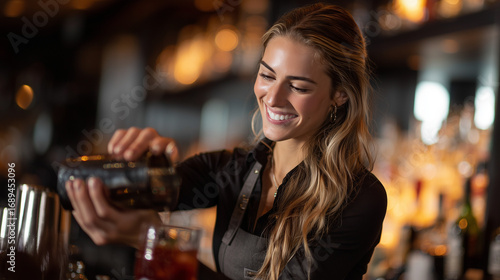 Smiling Female Bartender Serving a Freshly Made Cocktail