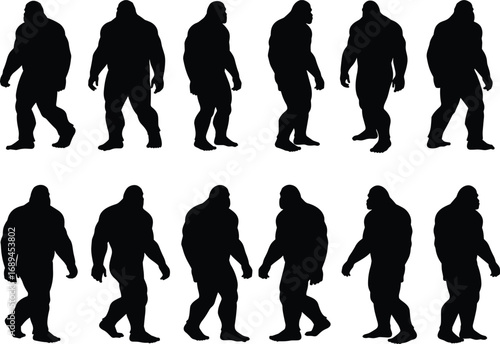 Bigfoot silhouette vector set, walking sasquatch poses, black cryptid illustrations, mythical creature design, yeti figure clipart, forest monster icon