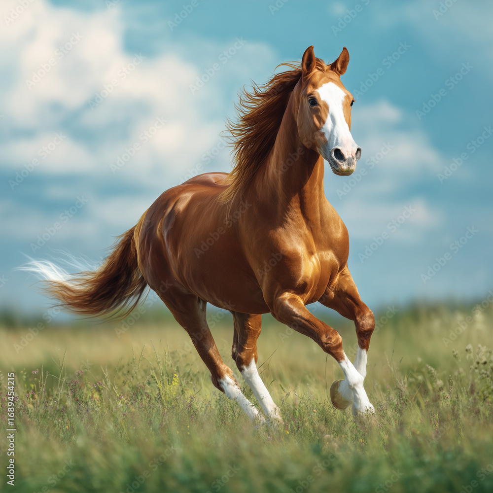 Obraz premium Chestnut horse running freely across a green field under blue sky