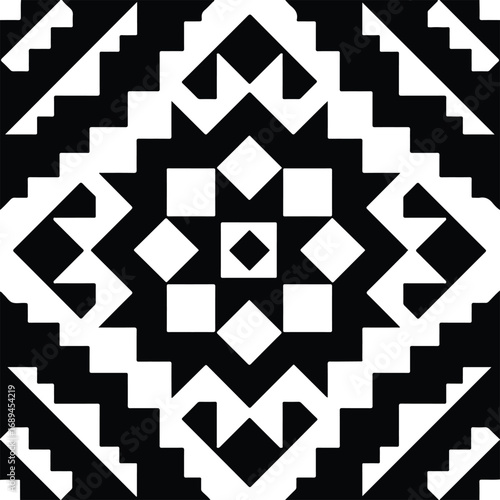 Geometric black and white pattern symmetrical mosaic design with intricate sharp lines and shapes artful arrangement