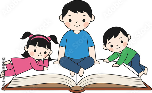 Children reading giant open book together, educational vector illustration for storytelling, learning, imagination, school content, kids literature, study concept