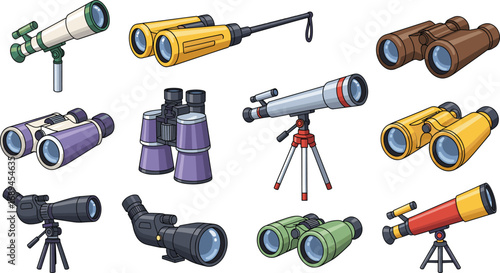 Colorful Binoculars and Telescopes Collection – Optical Instruments for Nature Watching, Astronomy, Exploration, and Surveillance in Vector Illustration Format