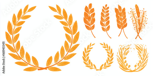 Golden laurel wreaths and wheat stalks perfect for awards and organic designs for various applications