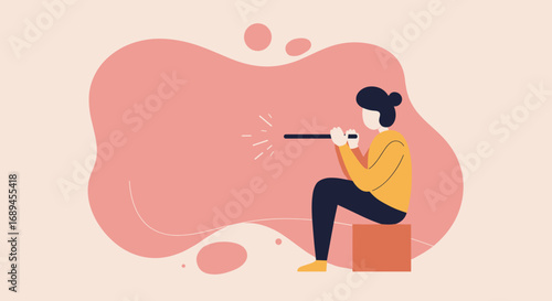 Minimalist illustration of a person blowing into a long tube, creating light and sparks. Symbolizes creativity, innovation, or craftsmanship.