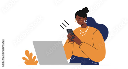 Young woman simultaneously using a laptop and smartphone for work or communication, illustrating modern connectivity and multitasking lifestyle.