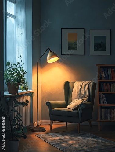 Cozy reading nook with warm lighting.