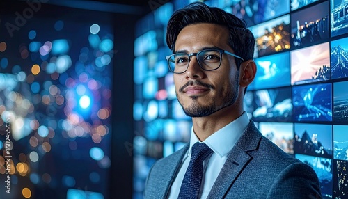 Create a sleek, high-tech media control room scene that blends professionalism, digital intelligence, and futuristic visual complexity.