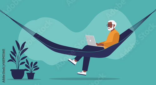 Senior man comfortably works on a laptop in a hammock. Illustrates remote work, relaxation, and a balanced, productive retirement lifestyle.
