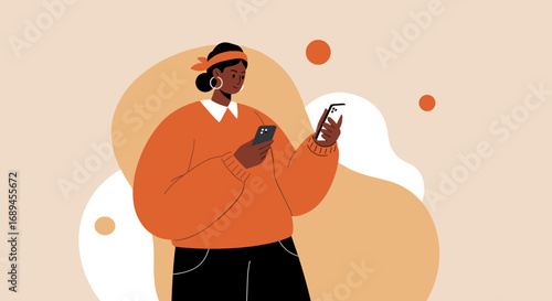 Smiling woman engaging with two smartphones simultaneously, representing modern digital communication, multitasking, and connected lifestyle.