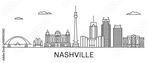 Nashville Line Art skyline. Travel Buenos Aires famous landmarks. Business and tourism concept for presentation, banner, web site. with white background