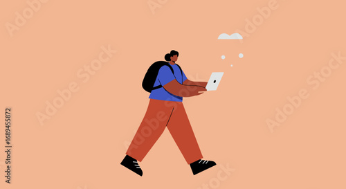 A person with a backpack walks while using a laptop, representing mobile work, remote learning, or digital nomad lifestyle with cloud connectivity.