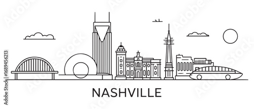 Nashville Line Art skyline. Travel Buenos Aires famous landmarks. Business and tourism concept for presentation, banner, web site. with white background