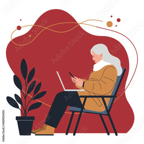 Senior woman engaged with her smartphone and laptop, embracing modern technology for communication and work. Represents digital literacy and active aging.