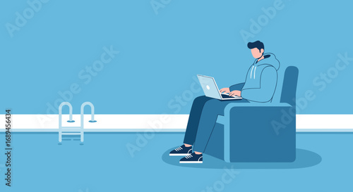 Young man working remotely on a laptop from a comfortable armchair by a swimming pool, illustrating modern flexible work-life balance.
