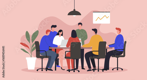 Diverse business team collaborating in a professional meeting, discussing data and strategy for growth. Ideal for corporate, teamwork, and analysis concepts.