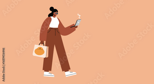 Modern woman walks, holding a laptop and shopping bag, illustrating a connected digital lifestyle. Ideal for e-commerce, remote work, or urban business concepts.