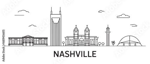 Nashville Line Art skyline. Travel Buenos Aires famous landmarks. Business and tourism concept for presentation, banner, web site. with white background