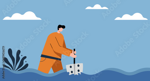 A determined man paddles through turbulent water using an unusual tool, representing resilience, risk-taking, and navigating uncertainty.