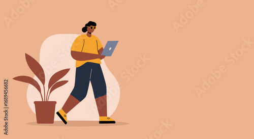 Modern person walking and working on a laptop, symbolizing remote work, digital lifestyle, and mobile productivity. Ideal for business, technology, or casual lifestyle themes.