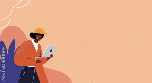 Modern illustration of a Black woman in a cap using a laptop, representing digital work, online communication, and modern lifestyle.