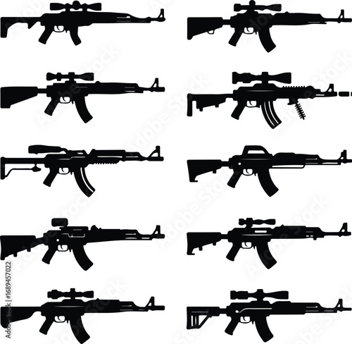 Assault Rifle Silhouette Icon Vector Design Military Weapon Gun Silhouette Symbol Set