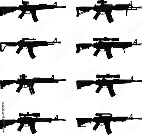 Assault Rifle Silhouette Icon Vector Design Military Weapon Gun Silhouette Symbol Set