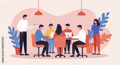 Diverse business team collaborating in a modern office meeting, discussing strategies and ideas for corporate productivity and growth.
