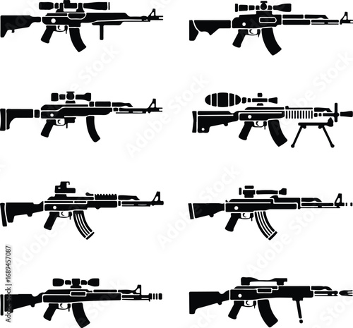 Assault Rifle Silhouette Icon Vector Design Military Weapon Gun Silhouette Symbol Set