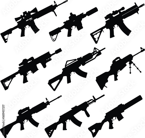 Assault Rifle Silhouette Icon Vector Design Military Weapon Gun Silhouette Symbol Set