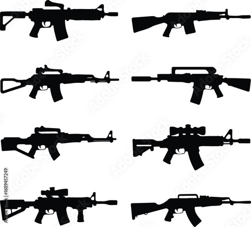 Assault Rifle Silhouette Icon Vector Design Military Weapon Gun Silhouette Symbol Set