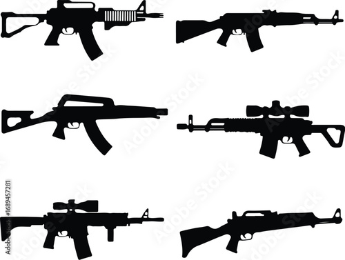 Assault Rifle Silhouette Icon Vector Design Military Weapon Gun Silhouette Symbol Set