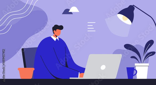 Focused man working remotely on his laptop at a modern desk setup. Ideal for concepts of productivity, online business, and freelance work.