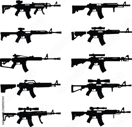 Assault Rifle Silhouette Icon Vector Design Military Weapon Gun Silhouette Symbol Set