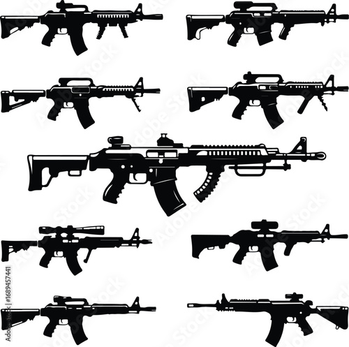 Assault Rifle Silhouette Icon Vector Design Military Weapon Gun Silhouette Symbol Set