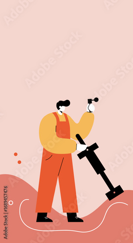 Stylized illustration of a person in workwear using a tool for exploration or detection on a wavy terrain. Ideal for concepts of discovery, research, and outdoor work.