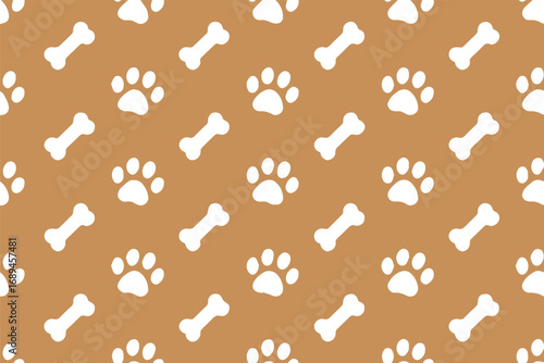 seamless pet pattern with white paw prints and dog bones on brown background ideal for wallpaper fabric packaging design