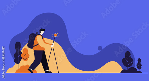 Adventurous man hiking through a stylized natural landscape, symbolizing a journey of discovery, guidance, and exploration. Ideal for travel, lifestyle, or business concepts.