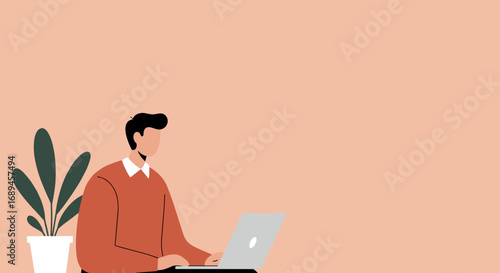 Focused man working on a laptop with a plant, representing remote work, online learning, or modern business productivity and digital lifestyle.