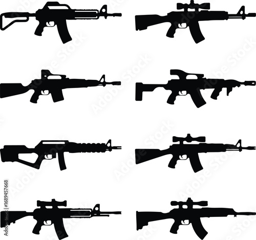 Assault Rifle Silhouette Icon Vector Design Military Weapon Gun Silhouette Symbol Set