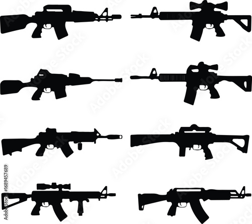Assault Rifle Silhouette Icon Vector Design Military Weapon Gun Silhouette Symbol Set