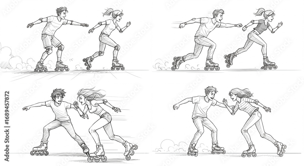 Fototapeta premium couple rollerblading together isolated on white sketch style