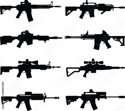Assault Rifle Silhouette Icon Vector Design Military Weapon Gun Silhouette Symbol Set