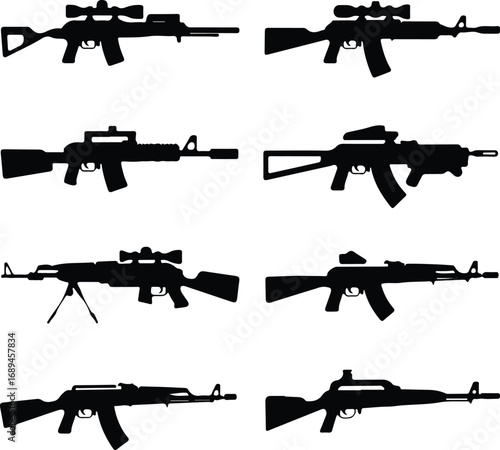 Assault Rifle Silhouette Icon Vector Design Military Weapon Gun Silhouette Symbol Set
