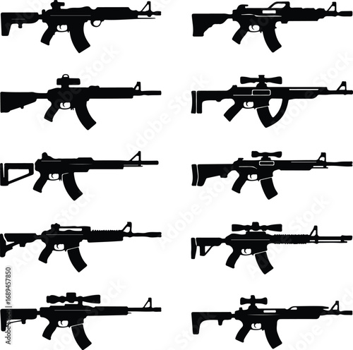 Assault Rifle Silhouette Icon Vector Design Military Weapon Gun Silhouette Symbol Set