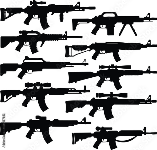 Assault Rifle Silhouette Icon Vector Design Military Weapon Gun Silhouette Symbol Set