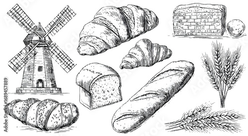 Hand Drawn Bakery Items and a Windmill Featuring Bread Baguette Croissant and Wheat Stalks
