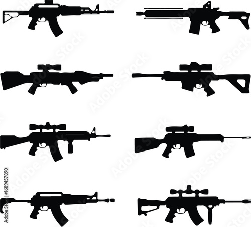 Assault Rifle Silhouette Icon Vector Design Military Weapon Gun Silhouette Symbol Set