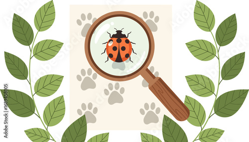 Magnifying glass focusing on ladybug with animal tracks and green leaves, nature observation concept for wildlife tracking and entomology study