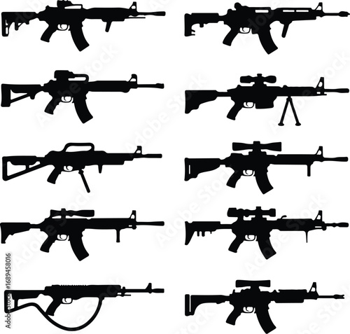 Assault Rifle Silhouette Icon Vector Design Military Weapon Gun Silhouette Symbol Set